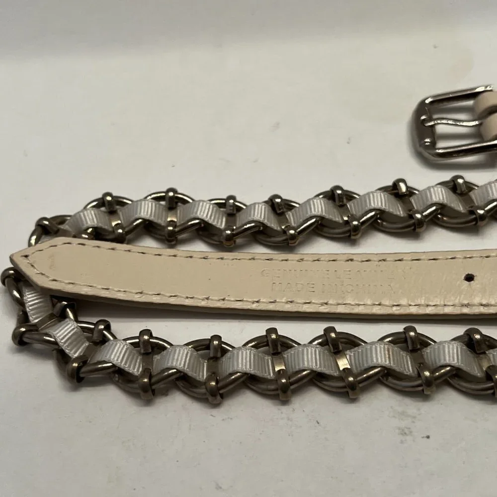 Vtg ANN TAYLOR 90s white leather Belt narrow Silver chain & Ribbon Belt Vtg‎